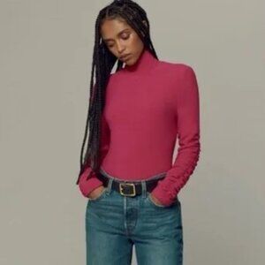 Raspberry Pink Ruched-Sleeve Turtleneck Top, By Anthropologie